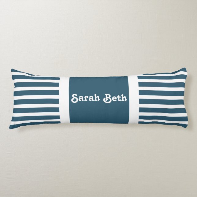 Cute Stripes, Slate Blue & White, Add your name Body Pillow (Front)