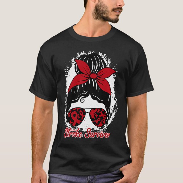 Cute Stroke Survivor Awareness Red Ribbon Brain At T-Shirt (Front)