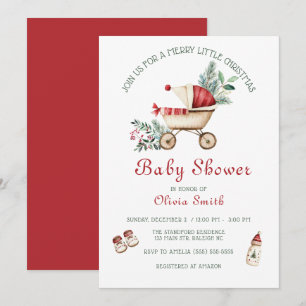 Cute Stroller Merry Little Christmas Baby Shower Invitation