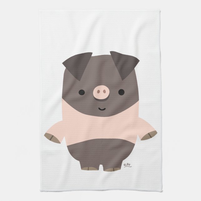 Cute Strong Cartoon Cochon Serviette de cuisine (Vertical)