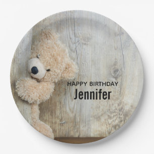 Cute Stuffed Bear Rustic Wooden Backdrop Birthday Paper Plate