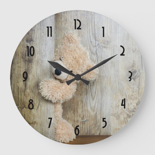 Cute Stuffed Bear Rustic Wooden Backdrop Large Clock (Front)