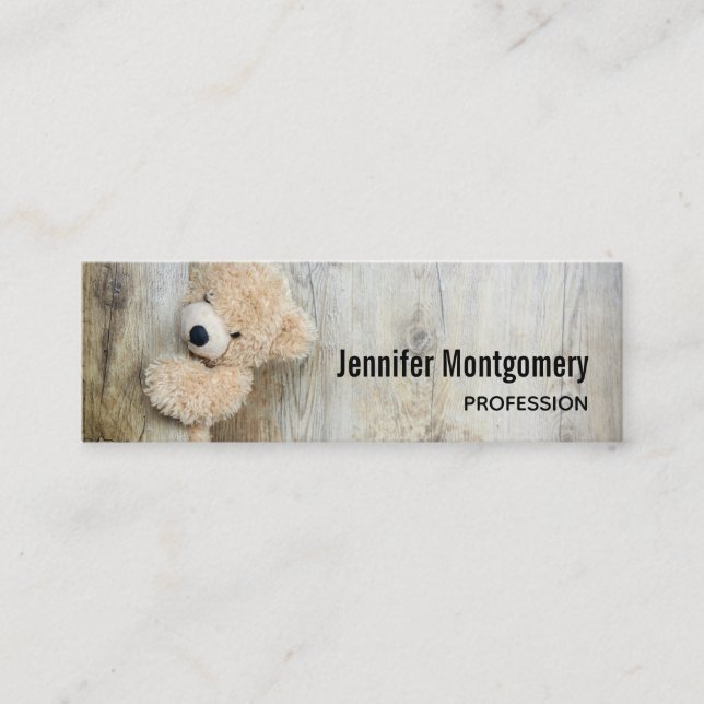 Cute Stuffed Bear Rustic Wooden Backdrop Mini Business Card (Front)