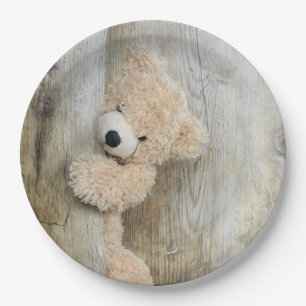 Cute Stuffed Bear Rustic Wooden Backdrop Paper Plate