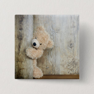 Cute Stuffed Bear Rustic Wooden Wall 2 Inch Square Button