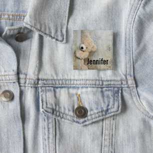 Cute Stuffed Bear Rustic Wooden Wall 2 Inch Square Button
