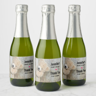 Cute Stuffed Bear Rustic Wooden Wall Baby Shower Sparkling Wine Label