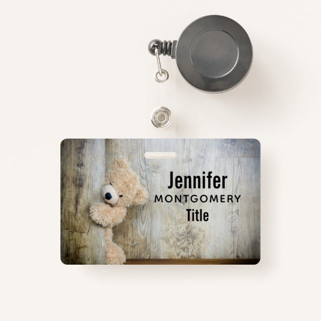 Cute Stuffed Bear Rustic Wooden Wall Badge (Front with Retractable)