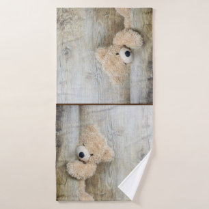 Cute Stuffed Bear Rustic Wooden Wall Bath Towel Set