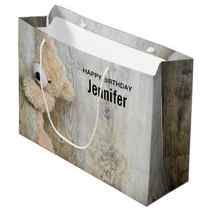 Cute Stuffed Bear Rustic Wooden Wall Birthday Large Gift Bag