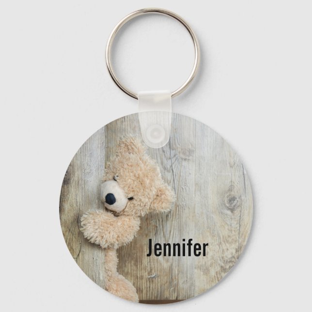 Cute Stuffed Bear Rustic Wooden Wall Keychain (Front)