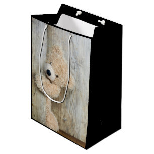 Cute Stuffed Bear Rustic Wooden Wall  Medium Gift Bag