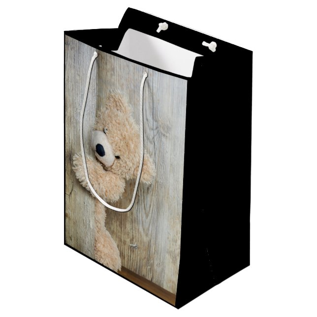 Cute Stuffed Bear Rustic Wooden Wall  Medium Gift Bag (Front Angled)