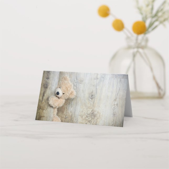 Cute Stuffed Bear Rustic Wooden Wall Place Card (Front)