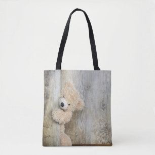 Cute Stuffed Bear Rustic Wooden Wall Tote Bag
