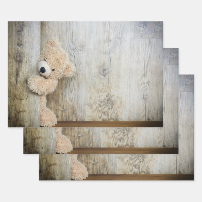 Cute Stuffed Bear Rustic Wooden Wall Wrapping Paper Sheet (Set)