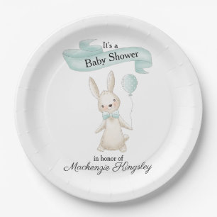 Cute Stuffed Bunny with Teal Balloon Baby Shower Paper Plate