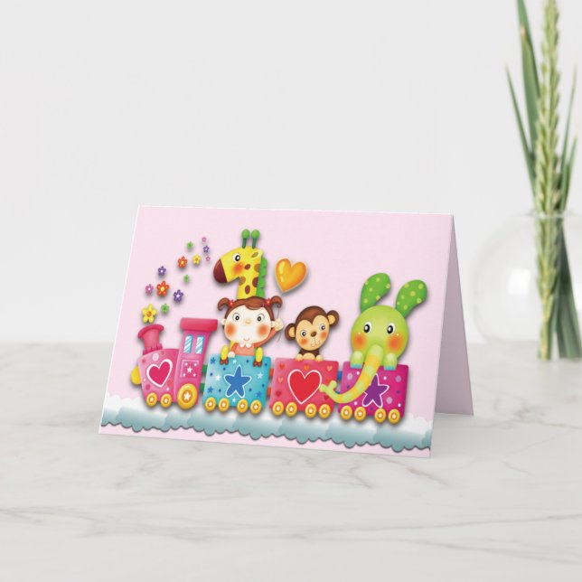 Cute Stuffed Toys On a Train Personalize Message  Thank You Card (Front)