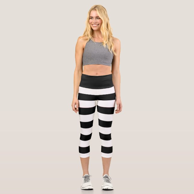 Cute Stylish Black And White Stripes  Capri Leggings (Front)