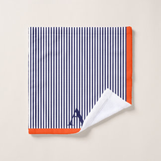 Cute Stylish Blue And Orange Striped Monogram  Bath Towel Set