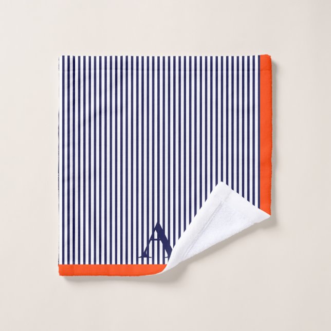 Cute Stylish Blue And Orange Striped Monogram  Bath Towel Set (Wash Cloth)