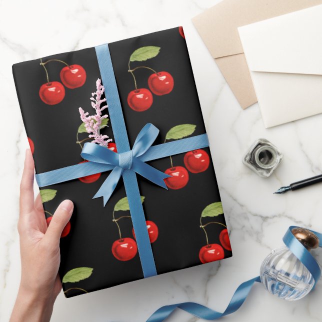 Cute Stylish Chic Pretty Retro Red Cherries Black Wrapping Paper (Gifting)