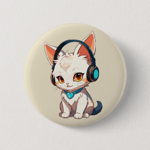 Cute Stylish Kitty in Headphones 2 Inch Round Button