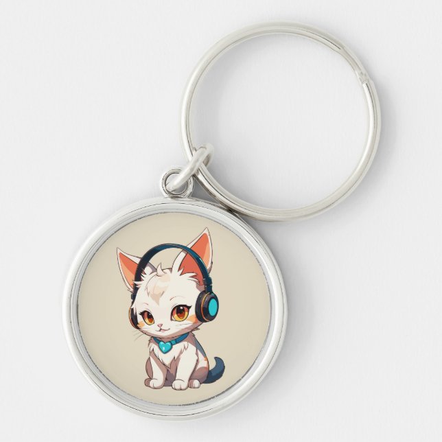 Cute Stylish Kitty in Headphones Keychain (Front)