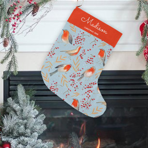 Cute stylish Red blue Birds Robin berries pattern Large Christmas Stocking