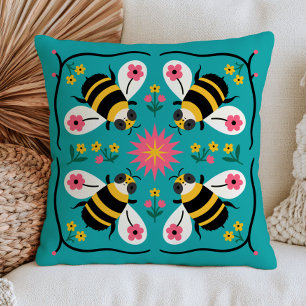 Cute Stylized Bumblebees on Blue Floral Folk Art Throw Pillow
