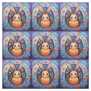 Cute Stylized Easter Bunny with Flowers Fabric