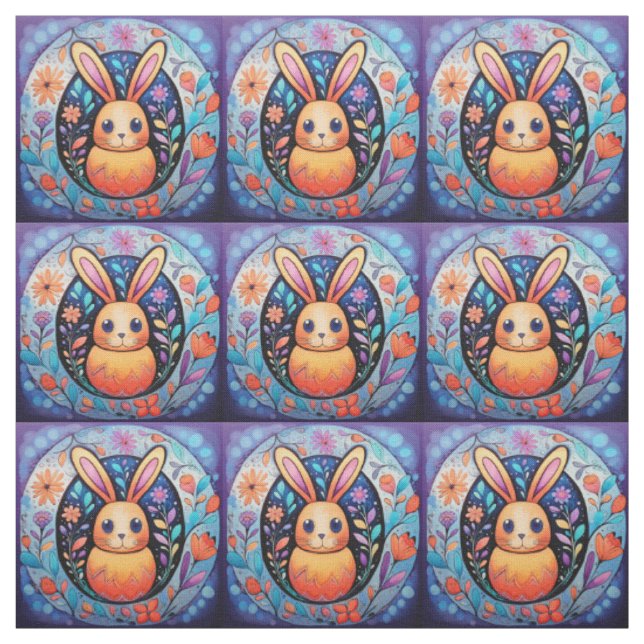 Cute Stylized Easter Bunny with Flowers Fabric (Swatch)