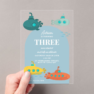 Cute Submarine Deep Sea Kids Birthday Party Acrylic Invitations
