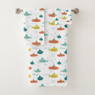 Cute Submarine Nautical Deep Sea Fish Kids Bath Towel Set
