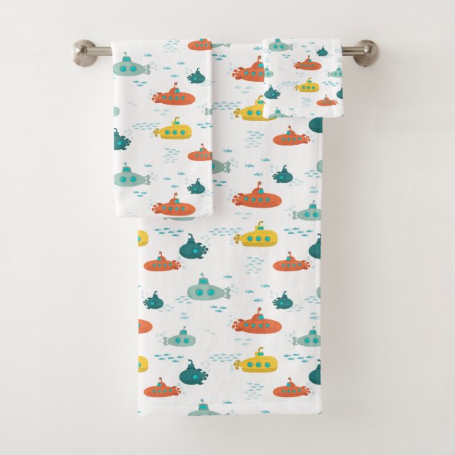 Cute Submarine Nautical Deep Sea Fish Kids Bath Towel Set (Insitu)