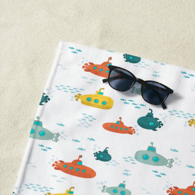 Cute Submarine Nautical Deep Sea Fish Kids Beach Towel (In Situ)