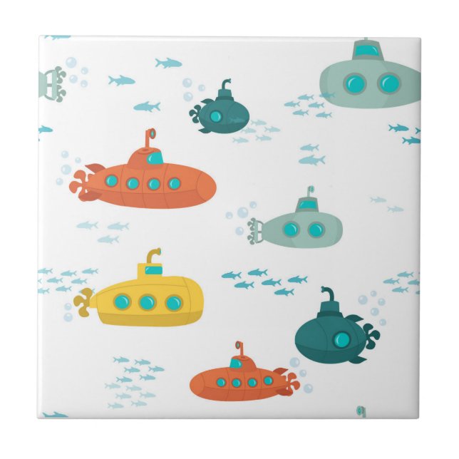 Cute Submarine Nautical Deep Sea Fish Kids Tile (Front)