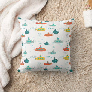 Cute Submarine Nautical Deep Sea Fish Pattern Throw Pillow