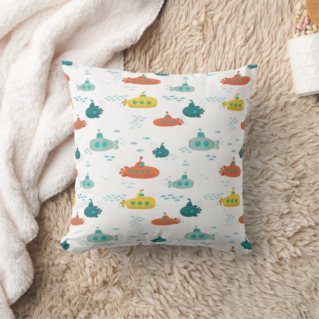 Cute Submarine Nautical Deep Sea Fish Pattern Throw Pillow (Blanket)