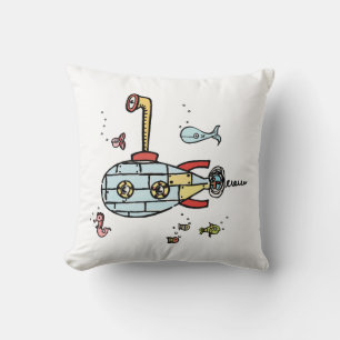 Cute Submarine Nautical Red Back with Spots Throw Pillow