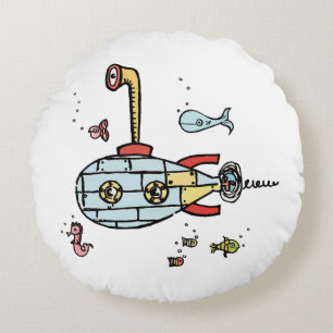 Cute Submarine with Red Back with Spots Round Pillow