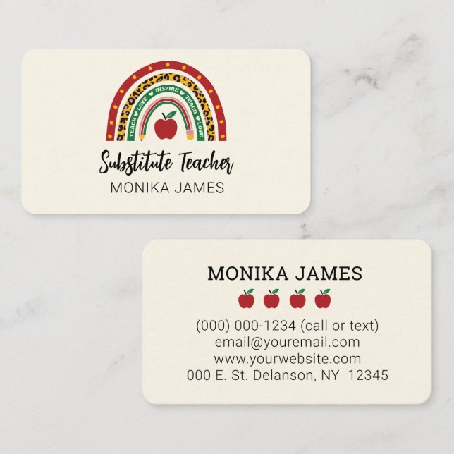 Cute Substitute Teacher Rainbow Leopard Print Business Card (Front/Back)
