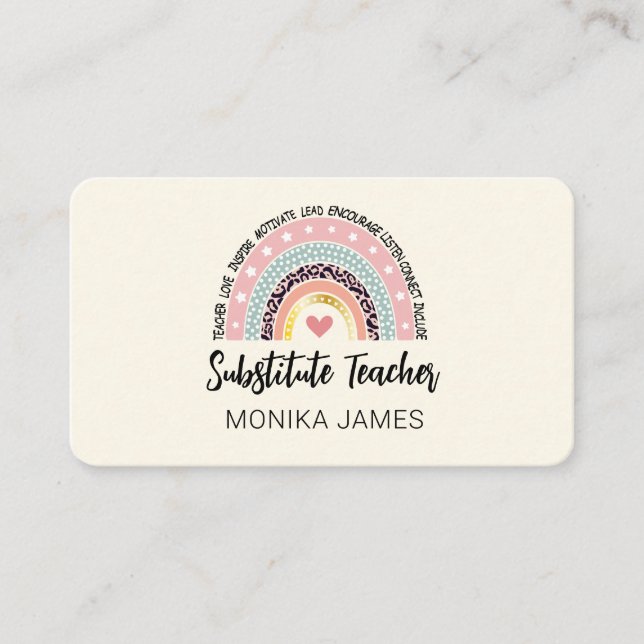 Cute Substitute Teacher Rainbow Leopard Print Business Card (Front)