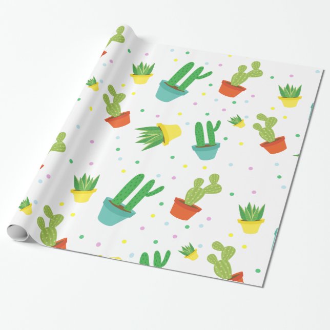Cute succulent cactus polka dots pattern wrapping paper (Unrolled)
