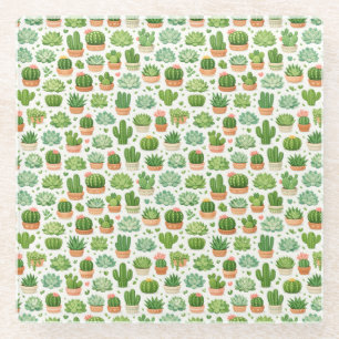 Cute Succulent Plant Seamless Pattern Glass Coaster
