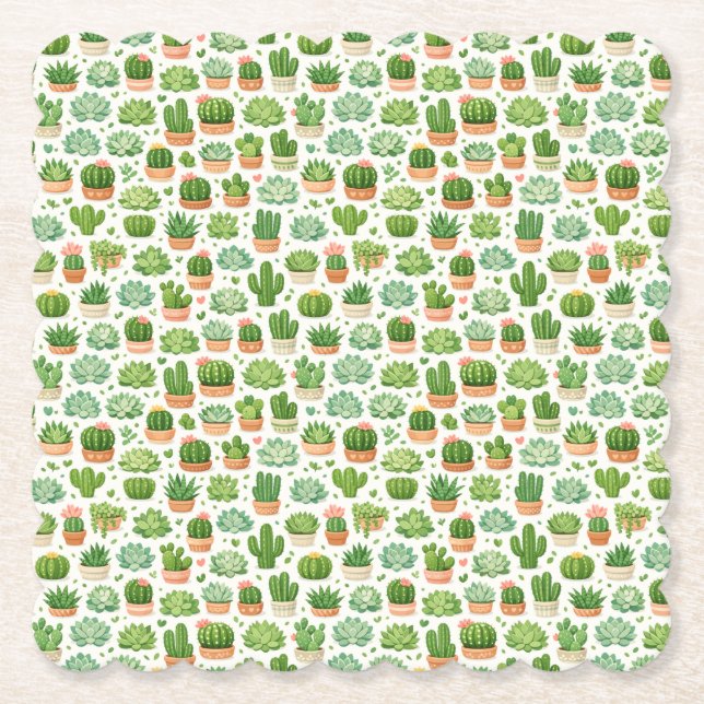 Cute Succulent Plant Seamless Pattern Paper Coaster (Front)