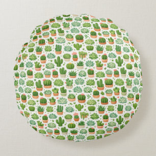 Cute Succulent Plant Seamless Pattern Round Pillow