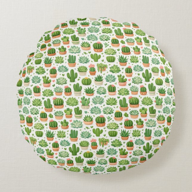 Cute Succulent Plant Seamless Pattern Round Pillow (Front)