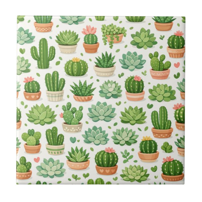Cute Succulent Plant Seamless Pattern Tile (Front)