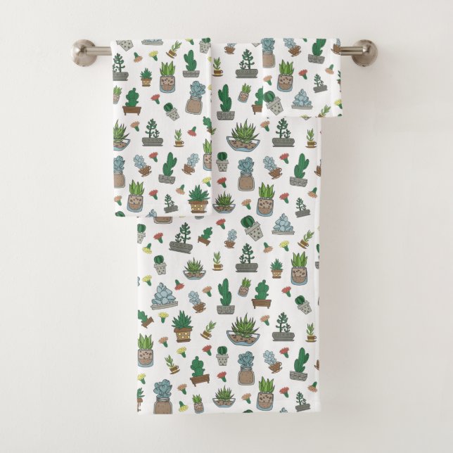 Cute Succulent Potted Plants Pattern Bath Towel Set (Insitu)